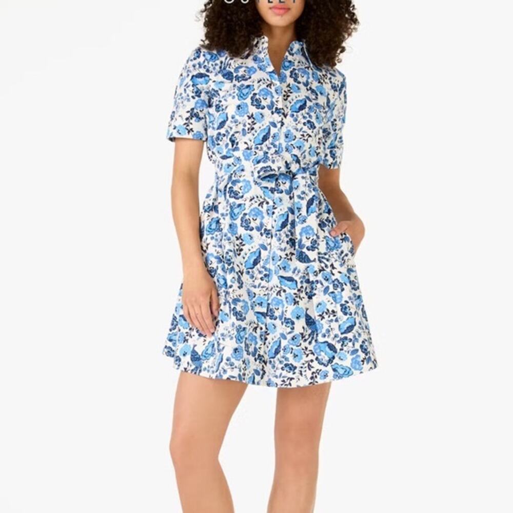 NWT Kate Spade Peacock Floral Cotton Blend Shirt Dress Blue sz M Tropical Preppy
